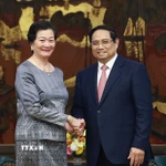 Thủ tướng Phạm Minh Chính tiếp Đại sứ Vương quốc Campuchia tại Việt Nam Chea Kimtha đến chào từ biệt. (Ảnh: Dương Giang/TTXVN)