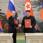 Nhà lãnh đạo Triều Tiên Kim Jong-un và Tổng thống Nga Vladimir Putin. (Nguồn: KCNA)