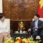 Chủ tịch nước Lương Cường tiếp Đại sứ Vương quốc Campuchia tại Việt Nam Chea Kimtha. (Ảnh: Lâm Khánh/TTXVN)