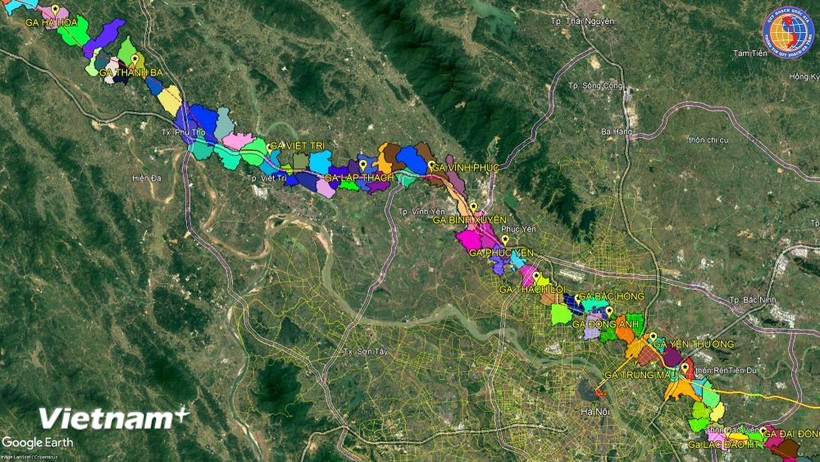 Bản đồ tổng thể hướng tuyến đường sắt Lào Cai-Hà Nội-Hải Phòng qua Phú Thọ. (Ảnh: Nguyễn Thảo/Vietnam+)