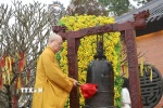 Hòa thượng Thích Thanh Nhiễu, Phó Chủ tịch Thường trực Hội đồng Trị sự Giáo hội Phật giáo Việt Nam, Trụ trì chùa Bái Đính thỉnh chuông khai hội. (Ảnh: Thùy Dung/TTXVN)