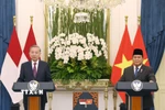 Tổng Bí thư Tô Lâm và Tổng thống Cộng hòa Indonesia, Chủ tịch Đảng Phong trào Indonesia vĩ đại (Gerindra) Prabowo Subianto phát biểu với báo chí. (Ảnh: Thống Nhất/TTXVN)