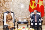 Tổng Bí thư Tô Lâm tiếp bà Men Sam An, Phó Chủ tịch Đảng Nhân dân Campuchia, Chủ tịch Hội đồng Quốc gia Mặt trận Đoàn kết Phát triển Tổ quốc Campuchia. (Ảnh: Thống Nhất/TTXVN)