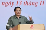 Thủ tướng Phạm Minh Chính chủ trì hội nghị khắc phục hậu quả thiên tai khu vực miền Trung. (Ảnh: Dương Giang/TTXVN)