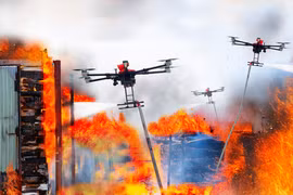 UAV chỉ huy có thể chỉ huy phi đội nhiều UAV chữa cháy có mặt tại hiện trường theo một kịch bản chữa cháy và cứu nạn tối ưu đã được dạy cho AI PCCC. (Ảnh: PV/Vietnam+)