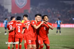 Bộ đôi Tiến Linh (trái) và Xuân Son tiếp tục lập công để giúp Việt Nam giành chiến thắng 3-1 trước Singapore. (Ảnh: Hoài Nam/Vietnam+)