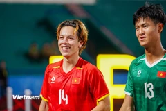 Cầu thủ Việt kiều Lê Viktor (số 14) có lần đầu đá chính ở Vòng chung kết U23 châu Á 2026. (Ảnh: Việt Anh/Vietnam+)