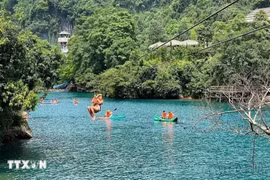 Du khách trải nghiệm đu dây ở Phong Nha-Kẻ Bàng. (Ảnh: TTXVN)