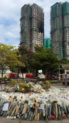 Hàng nghìn bông hoa được người dân mang đến gần hiện trường vụ cháy để bày tỏ niềm thương tiếc với các nạn nhân. (Ảnh: Mạc Luyện/TTXVN)