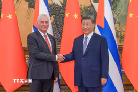 Chủ tịch Cuba Miguel Diaz-Canel (trái) và Chủ tịch Trung Quốc Tập Cận Bình tại cuộc gặp ở Bắc Kinh ngày 4/9/2025. (Ảnh: THX/TTXVN)