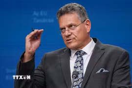 Ủy viên Thương mại Liên minh châu Âu Maros Sefcovic tại cuộc họp báo ở Brussels, Bỉ. (Ảnh: THX/TTXVN)
