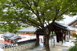 Một góc Làng Hanok Namsangol với những mái ngói, tường đá và cổng gỗ mang đậm nét kiến trúc truyền thống Hàn Quốc, giữa không gian xanh của thủ đô Seoul. (Ảnh: Nhật Hưng/TTXVN)