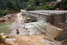 Người dân mong muốn sớm sửa chữa đường công vụ để thuận lợi cho việc đi lại trong khi chờ hoàn thiện các cầu Chà Lạp 1,2,3 trên tỉnh lộ 541B. (Ảnh: Văn Tý/TTXVN)
