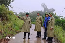 Phó Chủ tịch Ủy ban Nhân dân tỉnh Phú Thọ Quách Tất Liêm (ngoài cùng, bên trái) kiểm tra tại các điểm mưa lũ. (Ảnh: Thanh Hải/TTXVN)