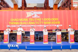Các đại biểu thực hiện nghi thức đón TEU thứ 1 triệu thông qua Cảng Tân Cảng-Cái Mép Thị Vải. (Ảnh: TTXVN phát)