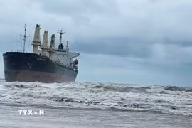 Tàu hàng trôi dạt và mắc cạn do sóng biển lớn ở vùng biển xã Chân Mây-Lăng Cô, thành phố Huế. (Ảnh: TTXVN phát)