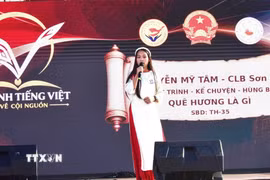 Em Nguyễn Mỹ Tâm tham gia cuộc thi với tiết mục hùng biện "Quê hương". (Ảnh: Quang Hòa/TTXVN)