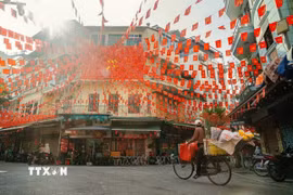 Cờ hoa rực rỡ khắp phố phường Hà Nội chuẩn bị Đại hội đại biểu Đảng bộ Thành phố. (Ảnh: Khánh Hòa/TTXVN)