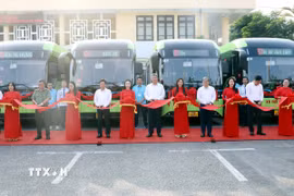 Các đại biểu thực hiện nghi thức khai trương. (Ảnh: Thế Duyệt/TTXVN)