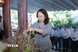 Phó Chủ tịch nước Võ Thị Ánh Xuân dâng hương tưởng niệm các Anh hùng liệt sỹ tại Khu Di tích lịch sử Quốc gia Truông Bồn (Nghệ An). (Ảnh: Văn Tý/TTXVN)