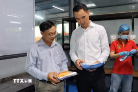 Đại diện Công ty Trách nhiệm hữu Sản xuất Thương mại Dịch vụ ABC Việt Nam giới thiệu các sản phẩm được từ các thiết bị máy móc hiện đại vừa được đầu tư. (Ảnh: Thanh Hòa/TTXVN)