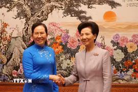Đồng chí Lê Thị Thủy (trái), Chủ tịch Hội Liên hiệp Phụ nữ Việt Nam chào xã giao đồng chí Thầm Di Cầm, Chủ tịch Hội Liên hiệp Phụ nữ Toàn quốc Trung Hoa. (Ảnh: Quang Hưng/TTXVN)