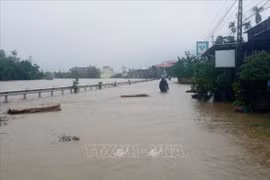 Nước lũ sông Phước Giang dâng cao ngập tuyến đường xã Hành Dũng, huyện Nghĩa Hành, tỉnh Quảng Ngãi. (Ảnh tư liệu: TTXVN phát)