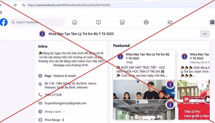 Bộ Y tế thông tin trang Fanpage tuyển sinh khóa học giả mạo. (Ảnh chụp màn hình)