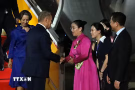 Phó Chủ tịch Ủy ban Nhân dân thành phố Đà Nẵng Nguyễn Thị Anh Thi đón Thủ tướng Cộng hòa Ba Lan Donald Tusk tại Sân bay Quốc tế Đà Nẵng. (Ảnh: Trần Lê Lâm/TTXVN)