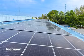 Hệ thống tấm pin điện năng lượng mặt trời trên mái nhà xưởng. (Nguồn: Vietnam+)