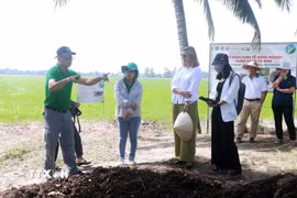 Ngày 20/12/2024, Đại diện Viện Nghiên cứu lúa gạo quốc tế (IRRI) giới thiệu cho Đoàn Đại sứ quán Canada tại Việt Nam về quy trình sản xuất phân hữu cơ từ rơm rạ. (Ảnh: Thu Hiền/TTXVN)