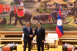 Thủ tướng Chính phủ Lào Sonexay Siphandone tiếp Tổng Kiểm toán nhà nước Việt Nam Nguyễn Hữu Nghĩa. (Ảnh: Văn Phiên/TTXVN)