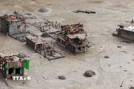 Thiệt hại sau lũ quét tại Rasuwa, Nepal. (Ảnh: ANI/TTXVN phát)