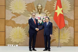 Chủ tịch Quốc hội Trần Thanh Mẫn tiếp Đại sứ đặc mệnh toàn quyền Cộng hòa Pháp tại Việt Nam Olivier Brochet. (Ảnh: Doãn Tấn/TTXVN)