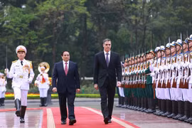 Thủ tướng Phạm Minh Chính và Thủ tướng Tây Ban Nha Pedro Sánchez duyệt Đội danh dự Quân đội nhân dân Việt Nam. (Ảnh: Dương Giang/TTXVN)