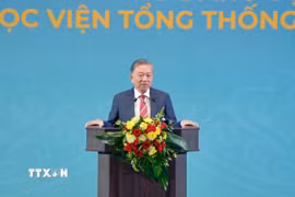 Tổng Bí thư Tô Lâm phát biểu Chính sách tại Học viện Tổng thống Nga. (Ảnh: TTXVN phát)