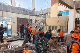 Quân đội phối hợp với Cơ quan Tìm kiếm và Cứu nạn quốc gia tìm kiếm các nạn nhân động đất. (Ảnh: TTXVN phát)