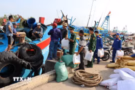 Bộ đội Biên phòng tỉnh Đồng Tháp tặng quà và tuyên truyền về phòng, chống khai thác IUU cho ngư dân ở Cảng cá Vàm Láng, xã Gia Thuận, tỉnh Đồng Tháp. (Ảnh: Hữu Chí/TTXVN)
