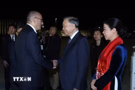 Đại biểu Pháp đón Tổng Bí thư, Chủ tịch nước Tô Lâm và Phu nhân tại sân bay Orly, Paris. (Ảnh: Thống Nhất/TTXVN)