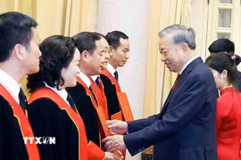 Tổng Bí thư, Chủ tịch nước Tô Lâm trao Quyết định bổ nhiệm chức danh Thẩm phán Tòa án Nhân dân tối cao cho các thẩm phán. (Ảnh: Thống Nhất/TTXVN)