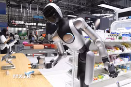 Robot trình diễn khả năng lấy và di chuyển vật thể tại Hội nghị Robot Thế giới 2026 ở Bắc Kinh, Trung Quốc, ngày 19/8/2026. (Ảnh: THX/TTXVN phát)
