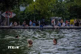 Người dân bơi trên kênh Saint-Martin để giải nhiệt trong đợt nắng nóng tại thủ đô Paris (Pháp). (Ảnh: THX/TTXVN phát)