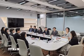Đại diện Đại sứ quán Việt Nam tại Hàn Quốc, Hội Sinh viên Việt Nam tại Hàn Quốc (VSAK), Trường Đại học Nữ sinh Ewha trao đổi tại phiên làm việc tại Ngày hội. (Ảnh: Đức Thắng/TTXVN)