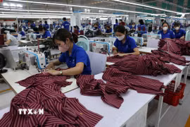 May hàng xuất khẩu sang thị trường châu Âu tại Khu công nghiệp VSIP Nghệ An. (Ảnh: Vũ Sinh/TTXVN)