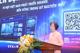 Đồng chí Vũ Việt Trang, Ủy viên Ban Thường vụ Đảng ủy các cơ quan Đảng Trung ương, Phó Trưởng Ban Tuyên giáo và Dân vận Trung ương, Bí thư Đảng ủy, Tổng Giám đốc Thông tấn xã Việt Nam phát biểu tại lễ khai trương chuyên trang thông tin. (Ảnh: Minh Quyết/TTXVN)