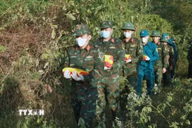 Đội tìm kiếm, quy tập hài cốt liệt sỹ, Bộ Chỉ huy Quân sự tỉnh Khánh Hòa vượt rừng đưa hài cốt liệt sỹ được tìm thấy về Đài Liệt sỹ xã Vạn Ninh. (Ảnh: Xuân Triệu/TTXVN)