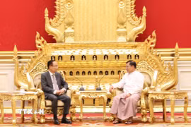 Bộ trưởng Ngoại giao Lê Hoài Trung hội kiến Tổng thống Myanmar Min Aung Hlaing. (Ảnh: Đỗ Sinh/TTXVN)