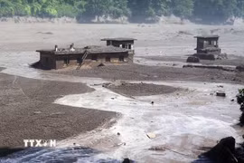 Khu vực bị tàn phá do lũ quét cuốn theo bùn đất tại huyện Rasuwa, Nepal, ngày 26/8/2026. (Ảnh: ANI/TTXVN phát)