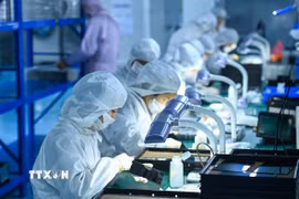 Công nhân làm việc tại một công ty điện tử ở tỉnh Giang Tây, Trung Quốc. (Ảnh: THX/TTXVN)