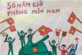 Giải Nhất thuộc về thí sinh Ngô Khắc Bảo, 10 tuổi, đến từ tỉnh Toyama với tác phẩm “50 năm giải phóng miền Nam.” (Ảnh: Nguyễn Tuyến/TTXVN)